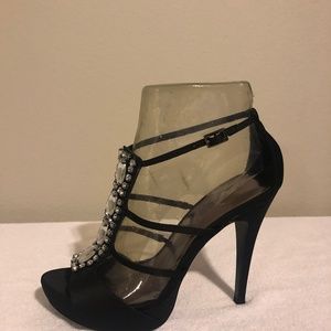 MICHAEL, Size 9, Black Satin Sandal with Rhinestones